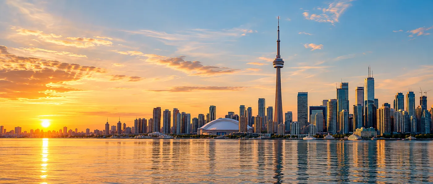 Toronto skyline at sunset across the lake
